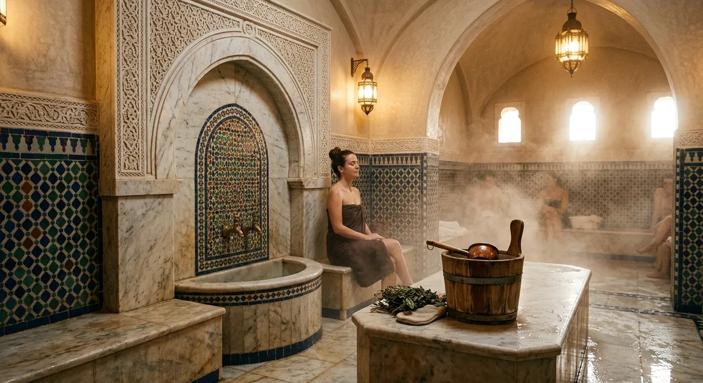A traditional Moroccan hammam interior with steam, buckets and tiled walls — Tangier Tours