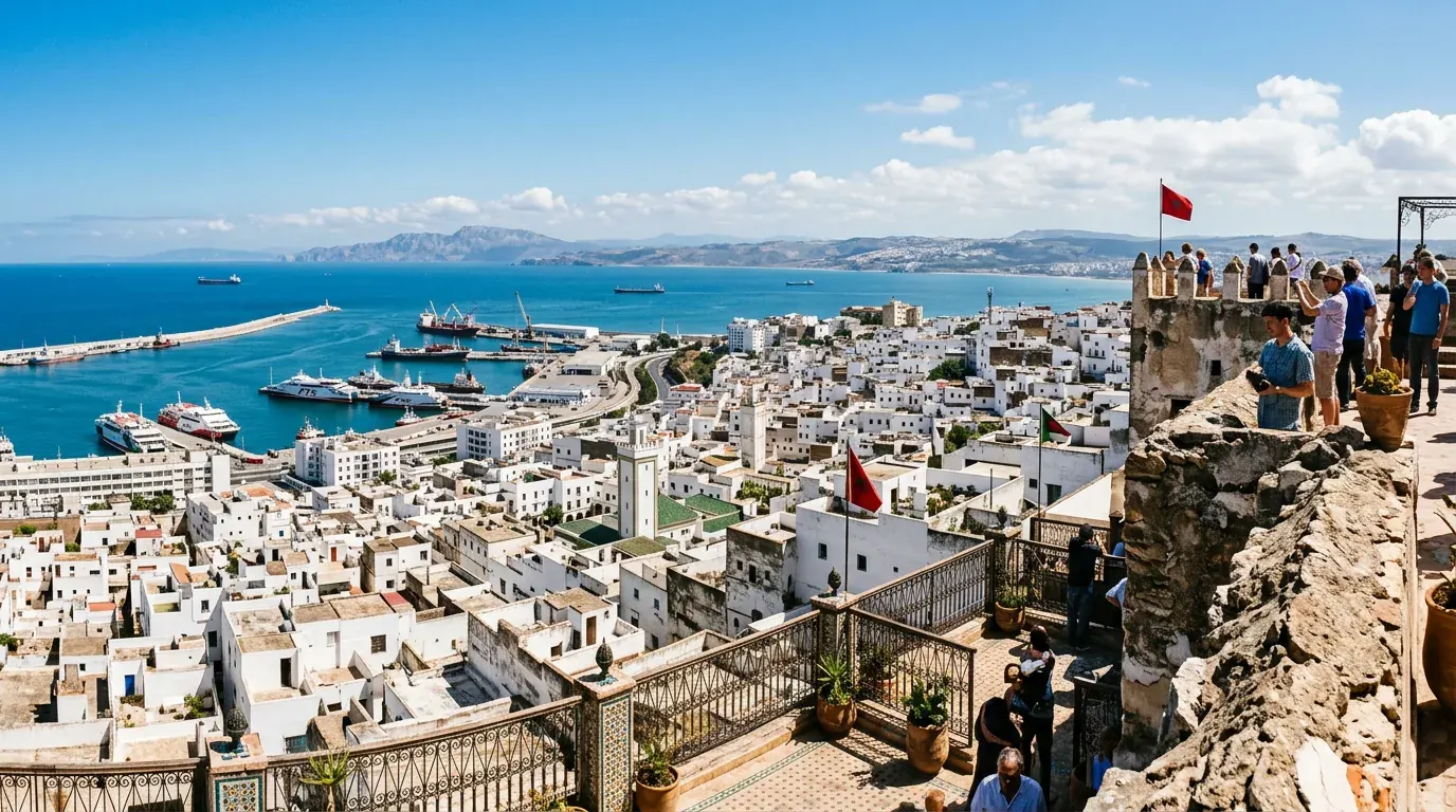 Panorama of Tangier above the bay and the Strait of Gibraltar